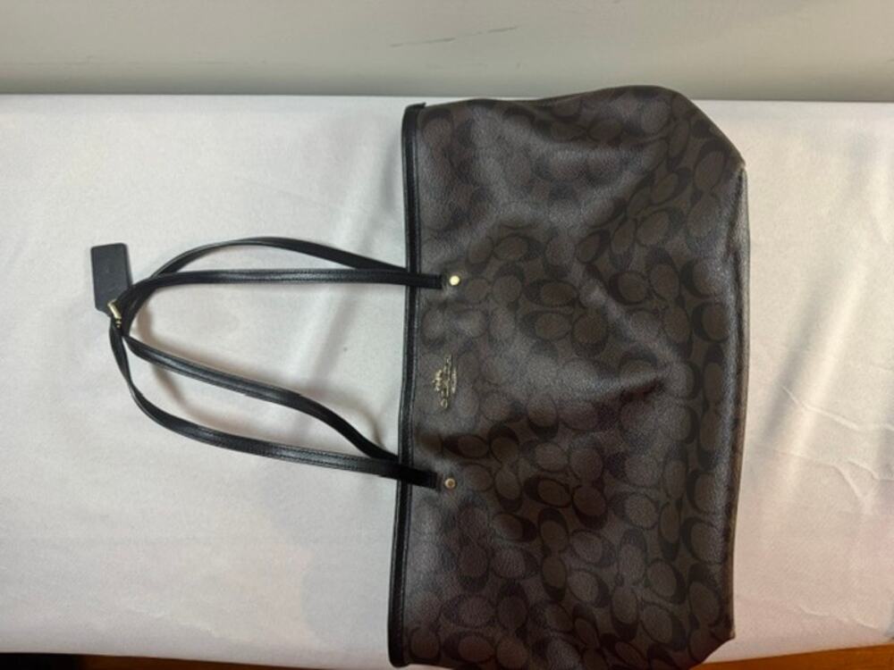 Coach Signature C Large Zip Tote Brown Black Coated Canvas Shoulder Bag